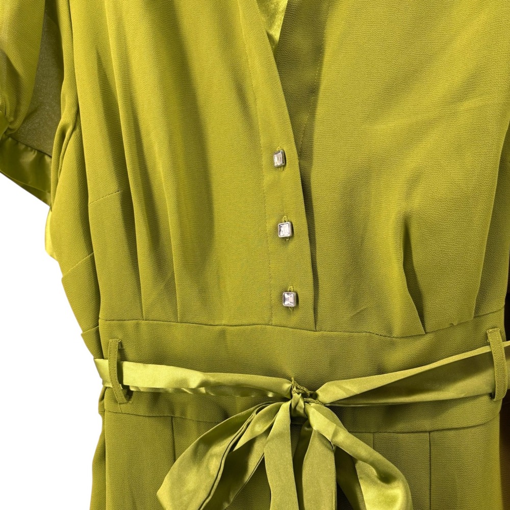 Jessica London Green Midi Dress Satin Collar Belt Rhinestone Buttons Size 20W - Picture 4 of 14